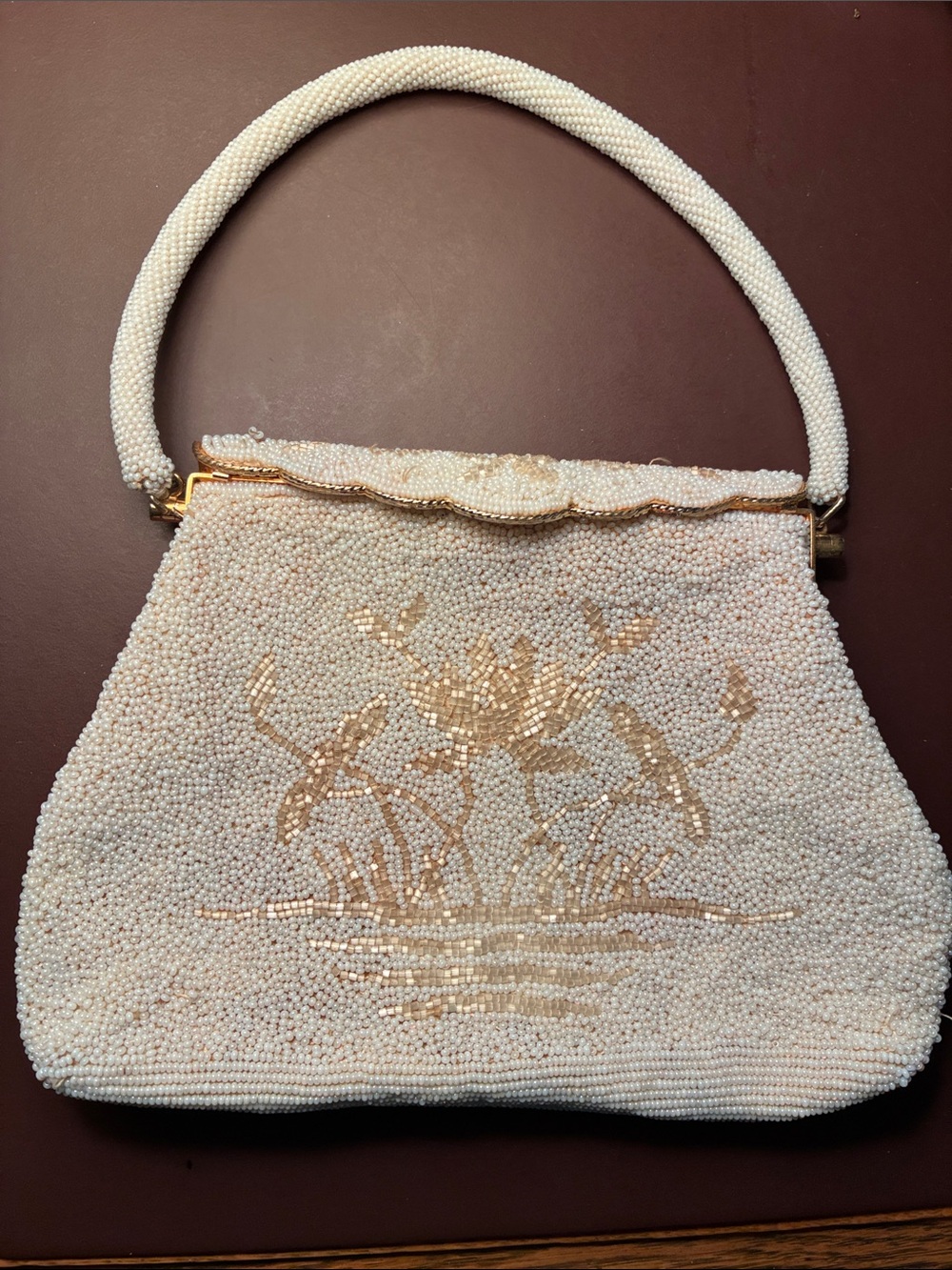 Pearl-Embellished Cream Beaded Top-Handle Bag